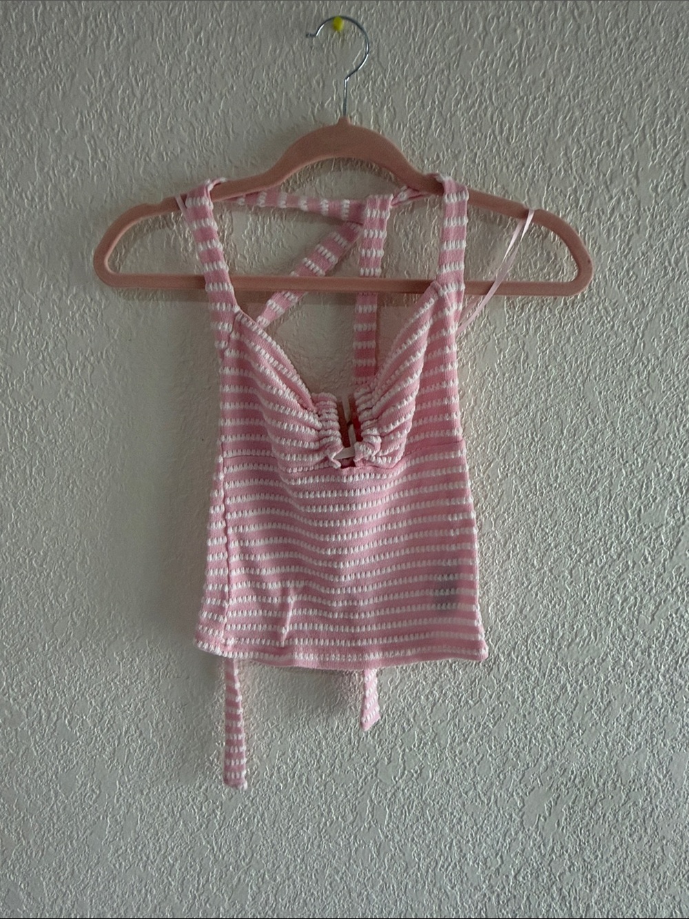 Edikted Pink and White Striped Knit Cropped Tank